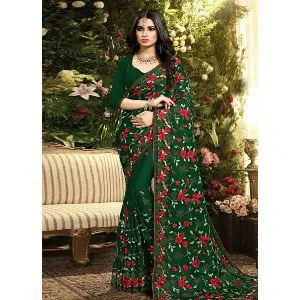 Indian Weightless Georgette Saree With Embroidery Work (Blouse Piece Included) (Deep Green)