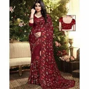 Indian Weightless Georgette Saree With Embroidery Work (Blouse Piece Included) (Red)