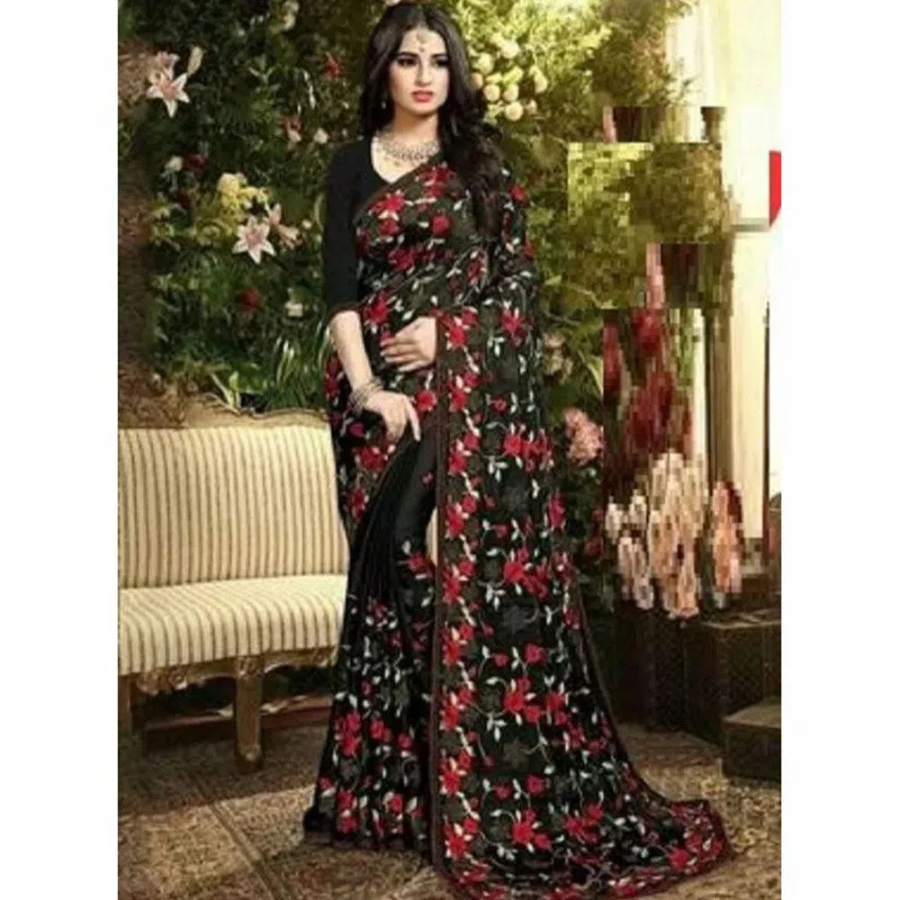 Indian Weightless Georgette Saree With Embroidery Work (Blouse Piece Included) (Black)