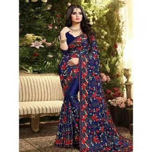 Indian Weightless Georgette Saree With Embroidery Work (Blouse Piece Included) (Blue)