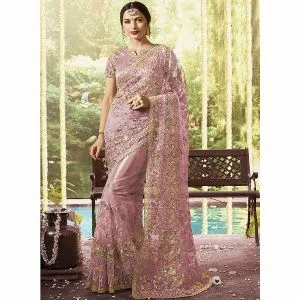 Indian Weightless Georgette Saree With Embroidery Work (Blouse Piece Included) (Lite Pink)