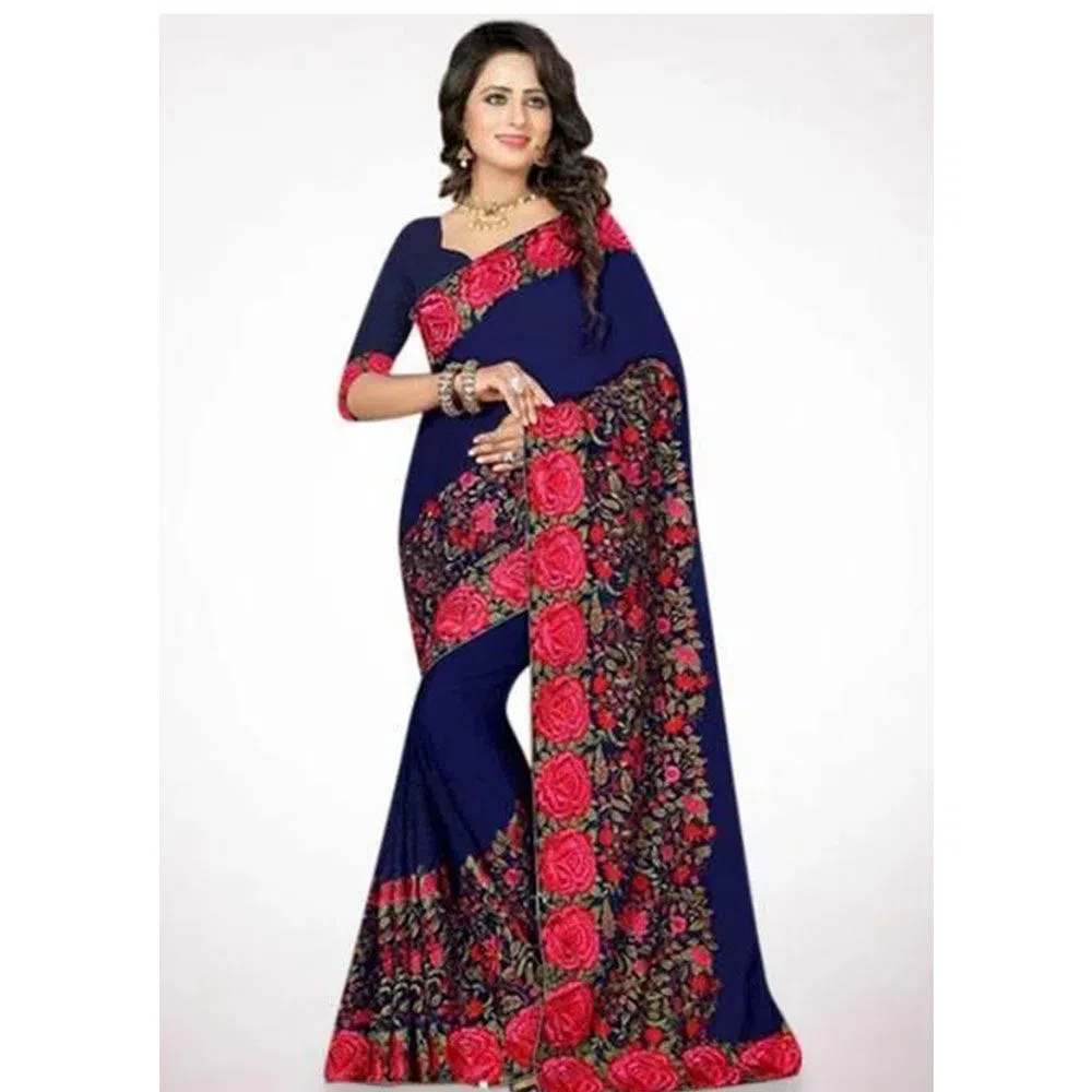 Indian Weightless Georgette Saree With Embroidery Work (Blouse Piece Included) (Navy Blue)