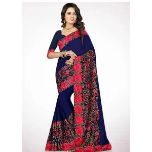 Indian Weightless Georgette Saree With Embroidery Work (Blouse Piece Included) (Navy Blue)