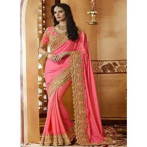 Indian Weightless Georgette Saree With Embroidery Work (Blouse Piece Included) (Misti)