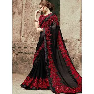 Indian Weightless Georgette Saree With Embroidery Work (Blouse Piece Included) (Black & Red)