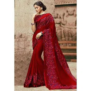 Indian Weightless Georgette Saree With Embroidery Work (Blouse Piece Included) (RED)