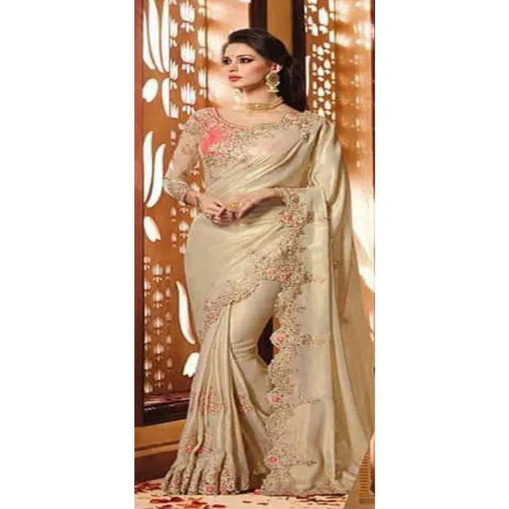 Indian Weightless Georgette Saree With Embroidery Work (Blouse Piece Included) (Cream)