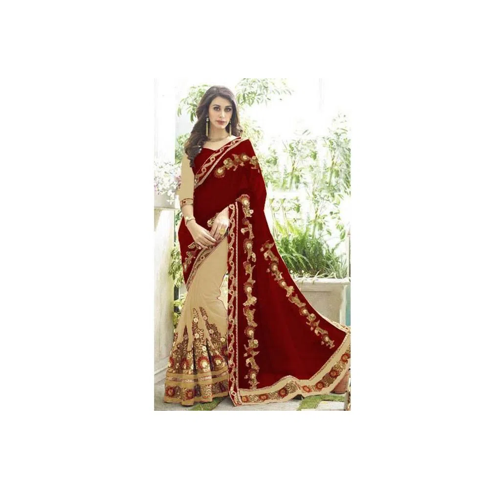 Indian Weightless Georgette Saree With Embroidery Work (Blouse Piece Included) (Coffee & Biscuit)