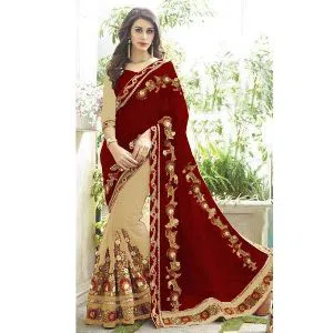 Indian Weightless Georgette Saree With Embroidery Work (Blouse Piece Included) (Coffee & Biscuit)