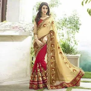 Indian Weightless Georgette Saree With Embroidery Work (Blouse Piece Included) (Golden & Red)