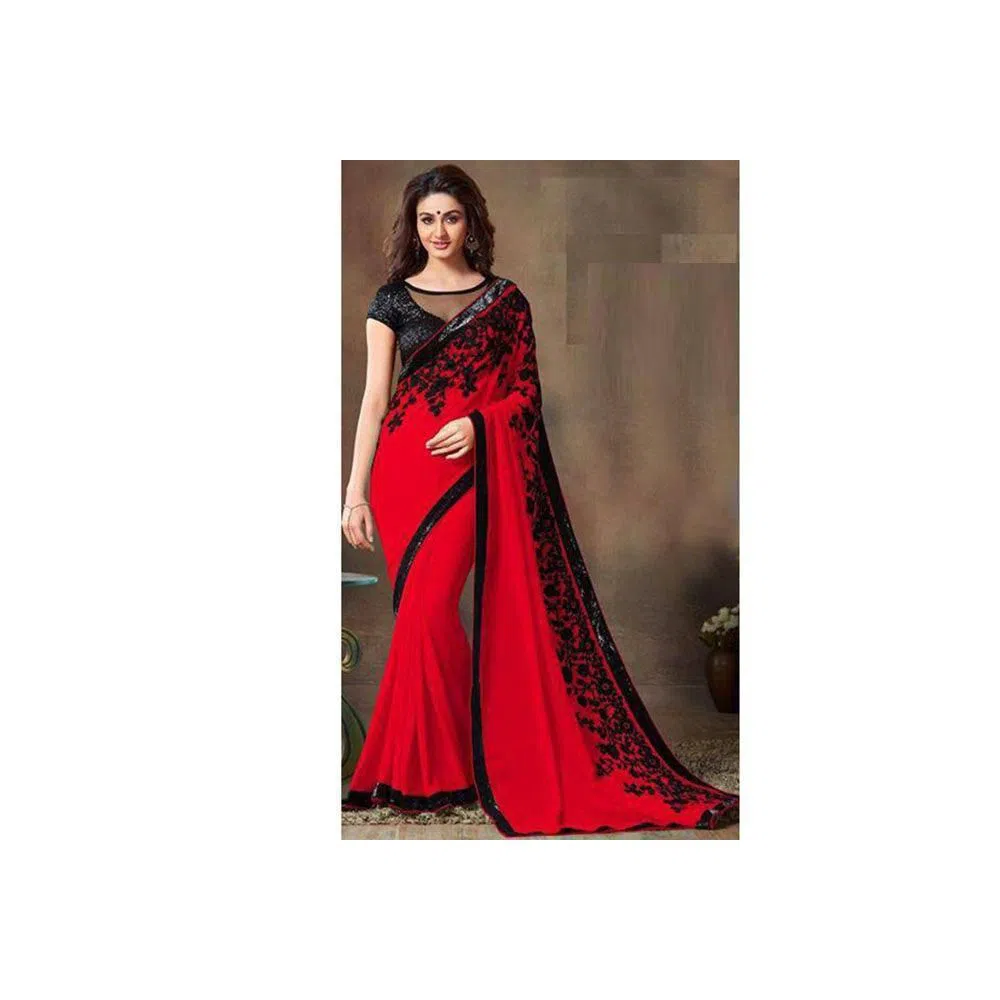 Indian Weightless Georgette Saree With Embroidery Work (Blouse Piece Included) (Red & Black)