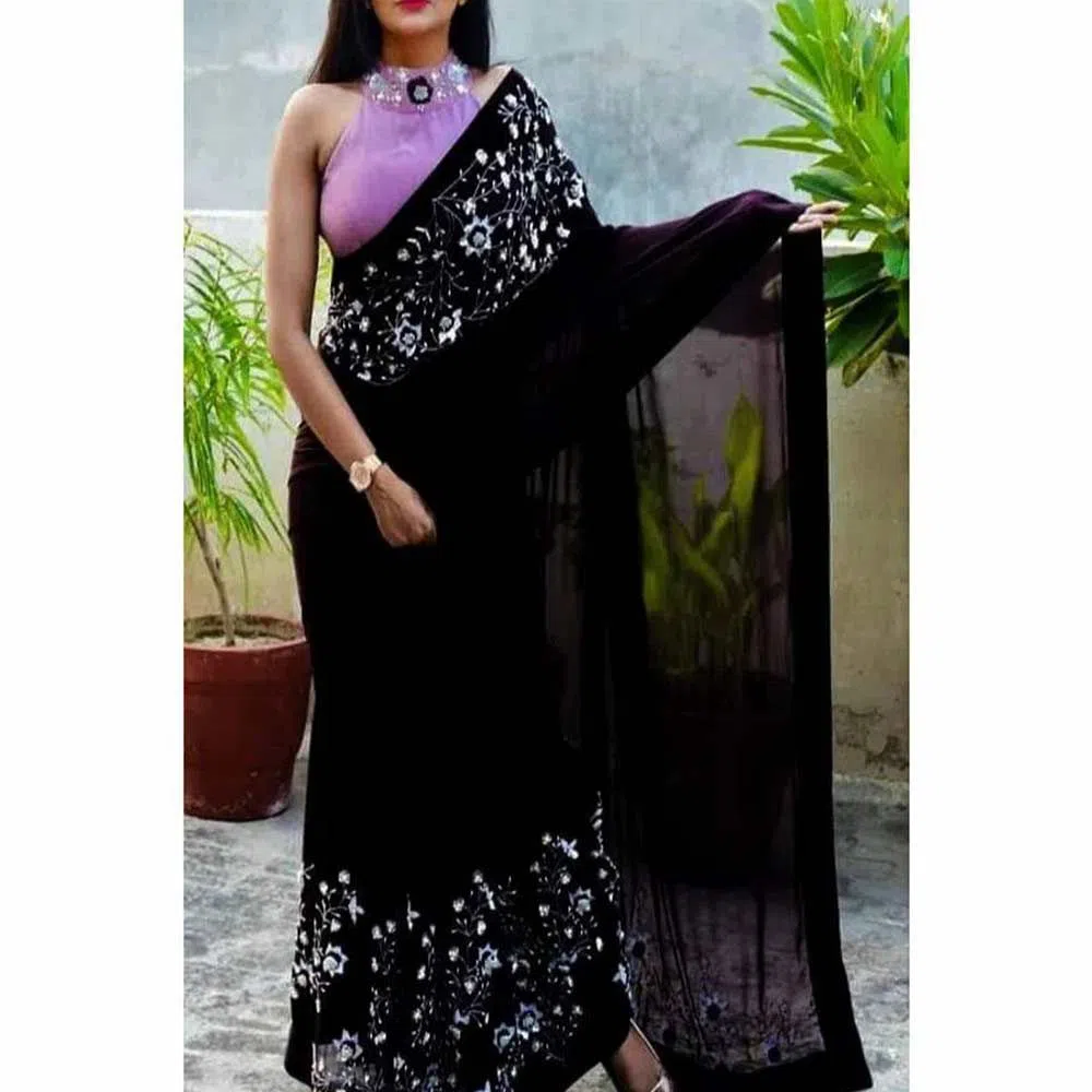Indian Weightless Georgette Saree With Embroidery Work (Blouse Piece Included) (Black)