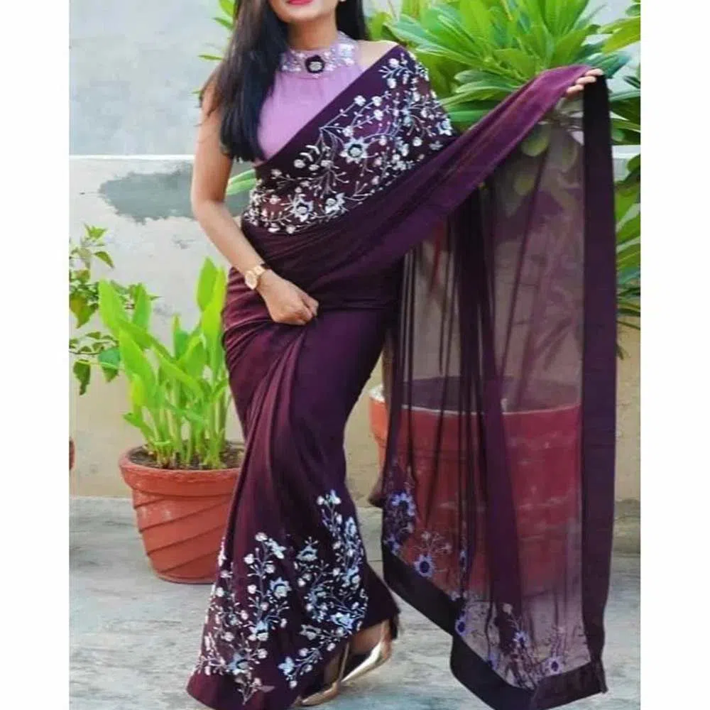 Indian Weightless Georgette Saree With Embroidery Work (Blouse Piece Included) (Purple)