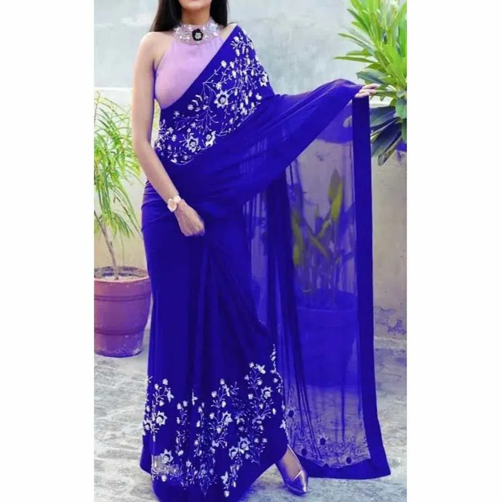 Indian Weightless Georgette Saree With Embroidery Work (Blouse Piece Included) (Blue)