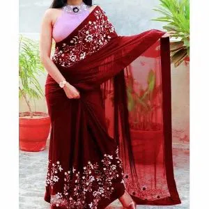 Indian Weightless Georgette Saree With Embroidery Work (Blouse Piece Included) (Maroon)