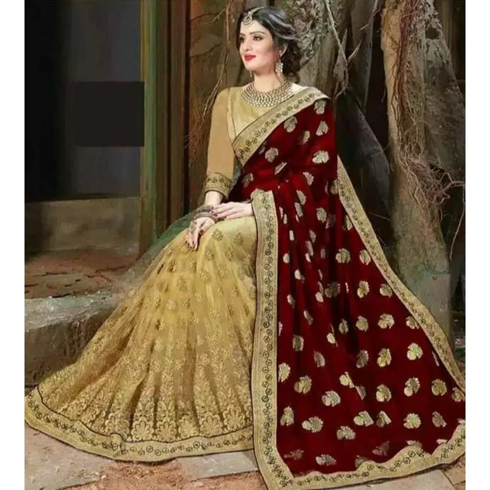 Golden & Maroon Weightless Soft Georgette Sharee With Golden Colour High Embroidery Work