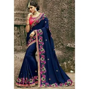 Indian Weightless Georgette Saree With High Quality Embroidery Work (Navy Blue)