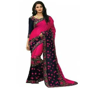 Indian Weightless Georgette Saree With High Quality Embroidery Work (Black With Pink)