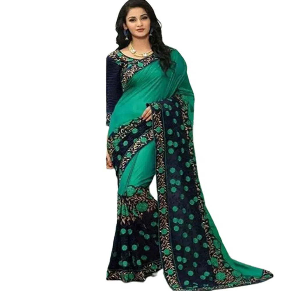 Indian Weightless Georgette Saree With High Quality Embroidery Work (Black With Pest)