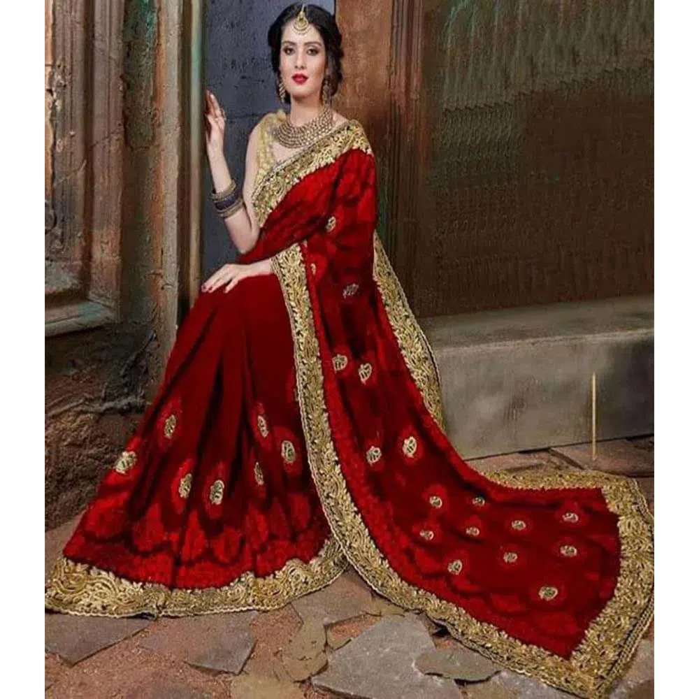 Indian Weightless Georgette Saree With High Quality Embroidery Work (Red)