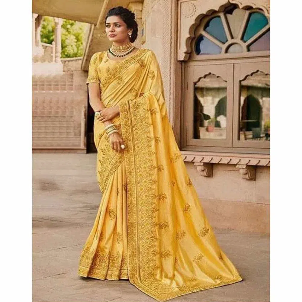 Indian Weightless Georgette Sari Embroidery Work With Blouse Piece Yellow Color