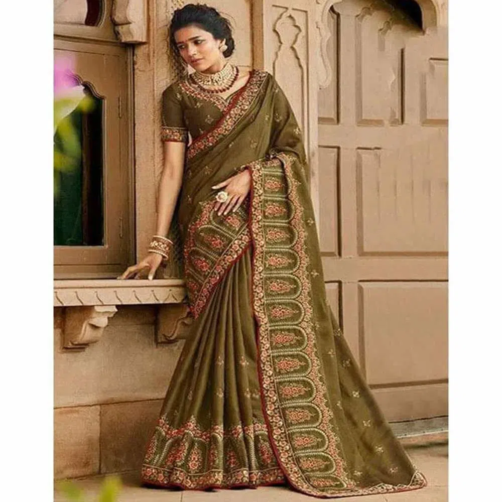 Indian Weightless Georgette Sari Embroidery Work With Blouse Piece Olive