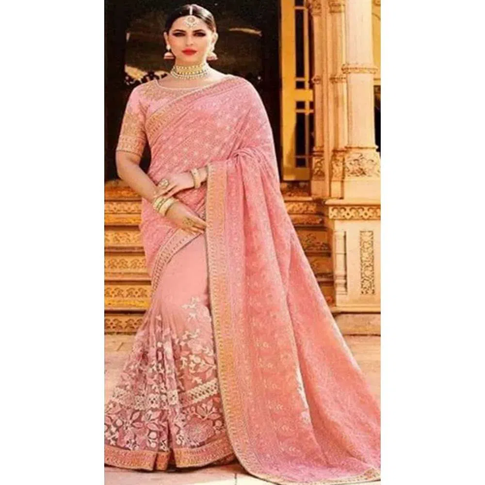 Indian Weightless Georgette Saree With High Quality Embroidery Work (Pink)