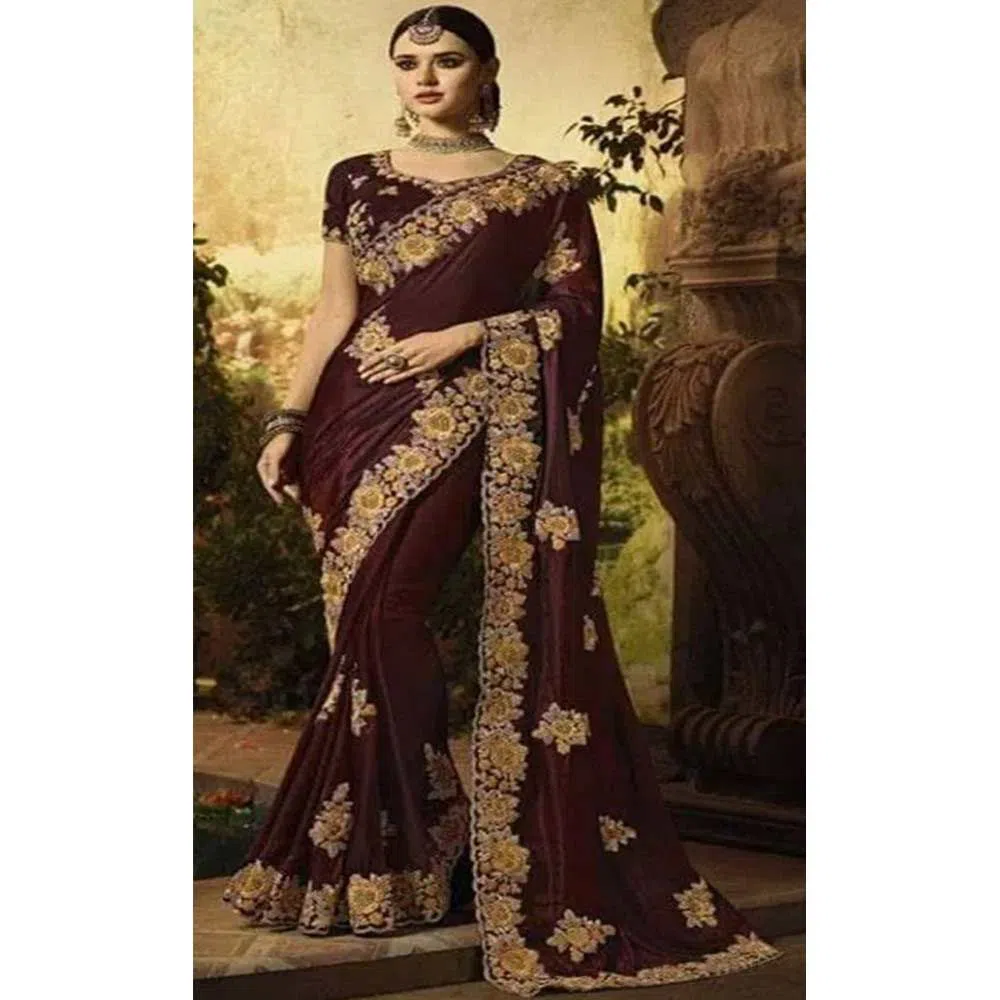 Indian Weightless Georgette Sari Embroidery Work With Blouse Piece Maroon