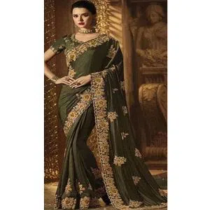 Indian Weightless Georgette Sari Embroidery Work With Blouse Piece Deep Green 