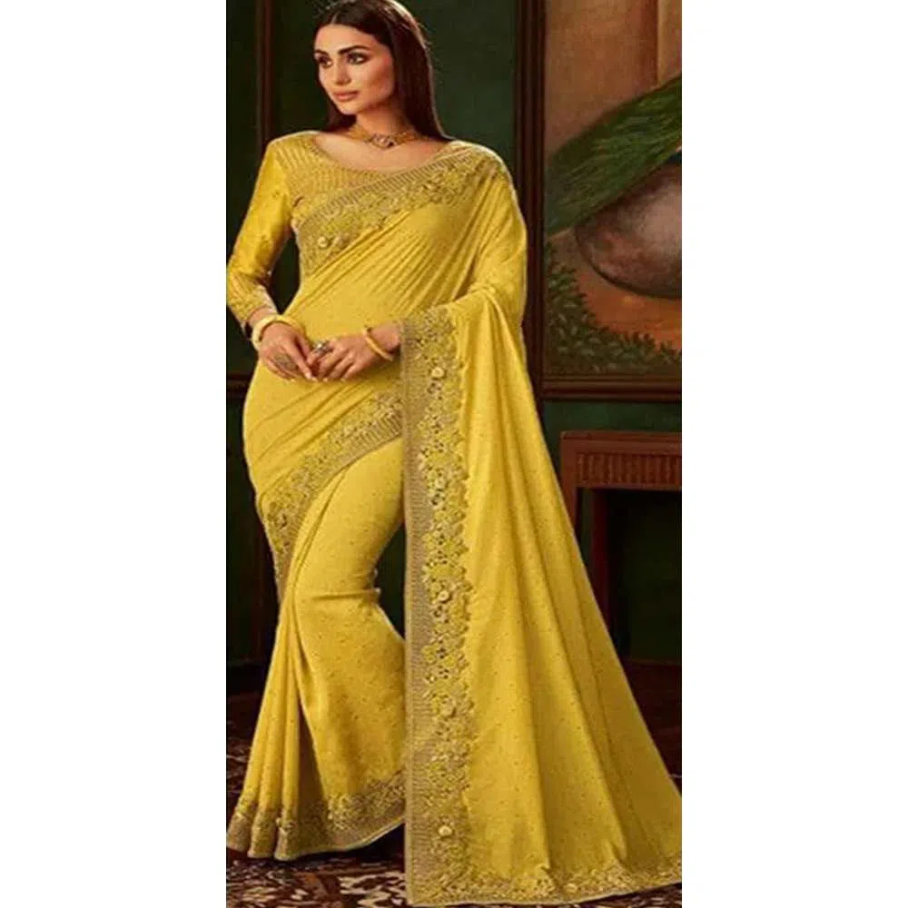 Indian Weightless Georgette Sari Embroidery Work With Blouse Piece Yellow