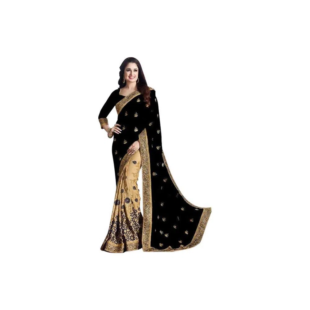 Indian Weightless Georgette Saree With High Quality Embroidery Work (Black)