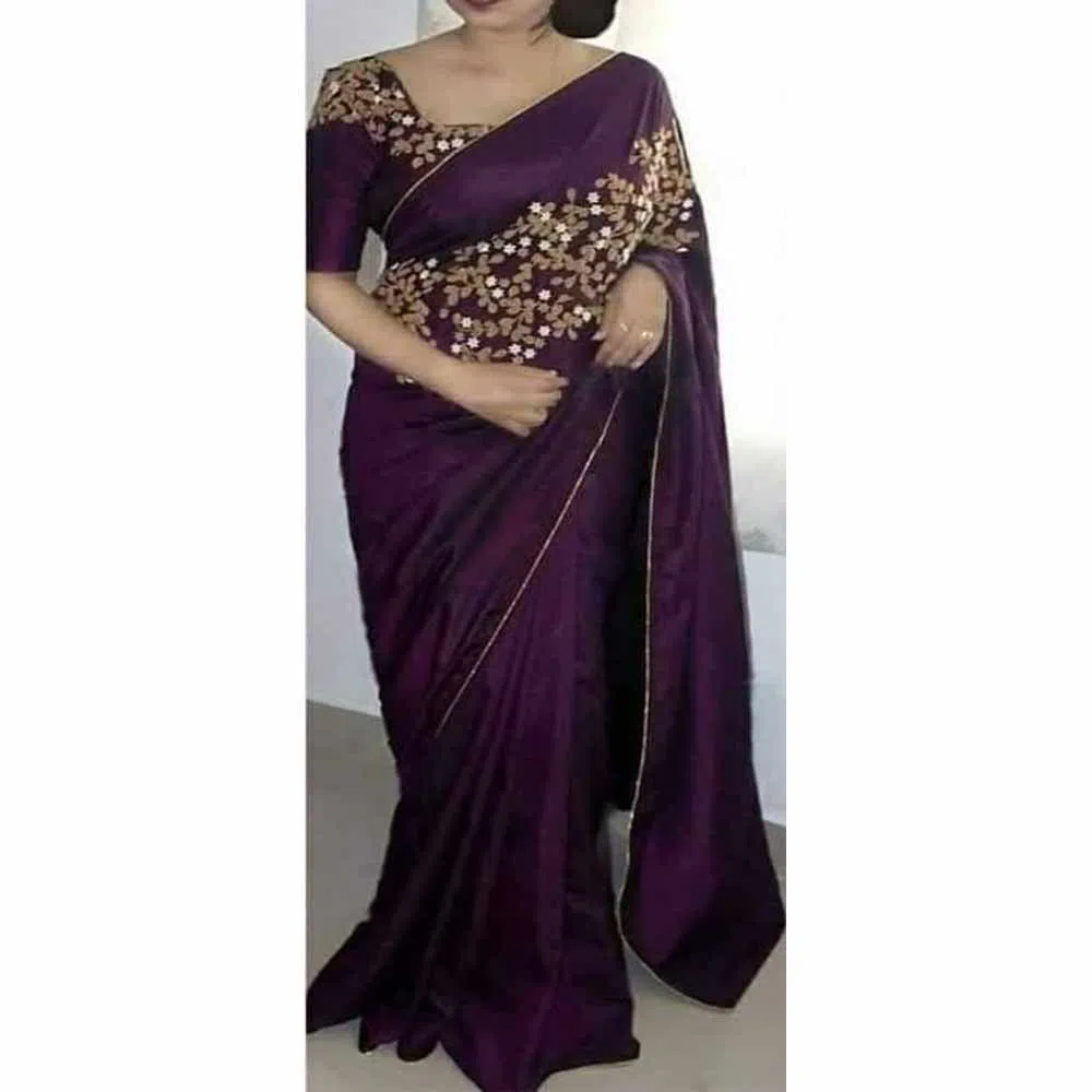 Indian Weightless Georgette Saree With Embroidery Work (Purple) With blouse piece 