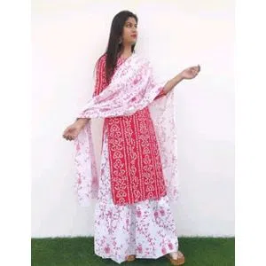 Unstitched Block Printed Cotton Salwar Kameez For Women - Pink & White 