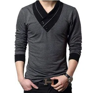 Gray-Black  Cotton Long Sleeve T-Shirt For Men