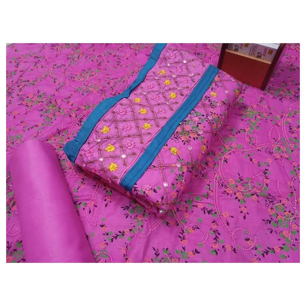 Unstitched Kolkata Embroidery Cotton Three Piece