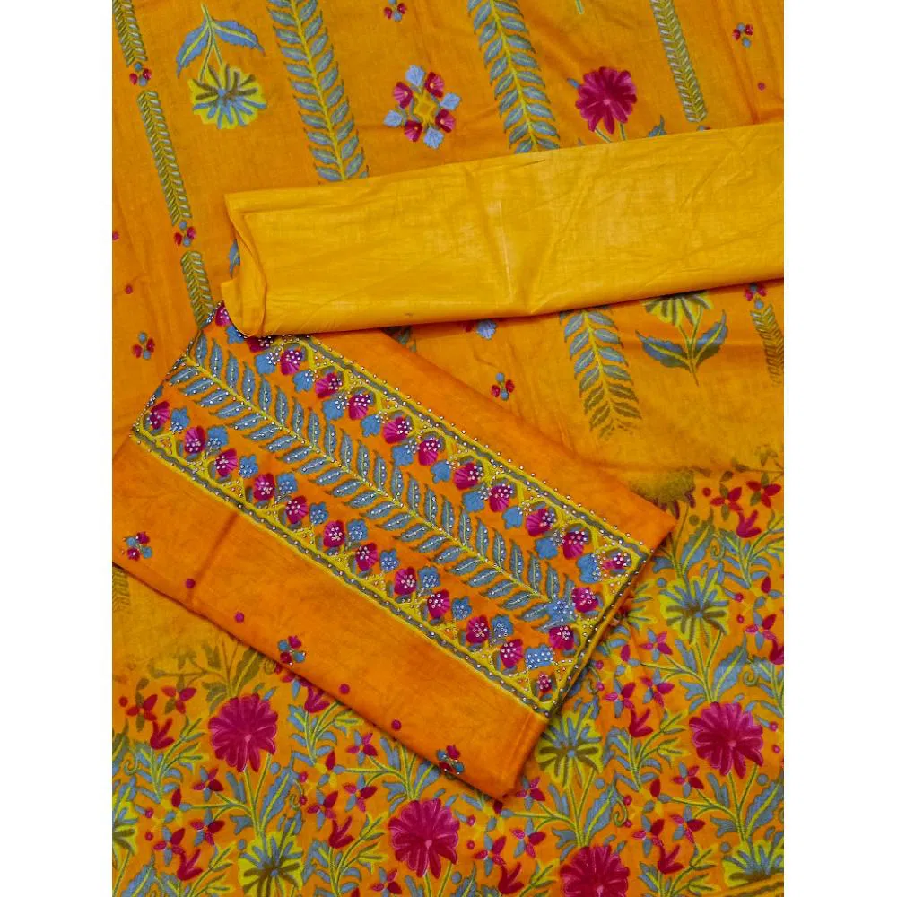 yellow three piece strong work Indian cotton
