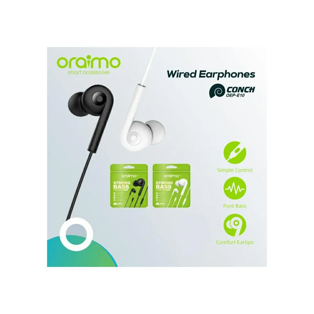 Oraimo Conch OEP-E10 Strong Bass in-ear Earphone Good Bass Sound Quality for All Android Mobile Black & White color Compatib