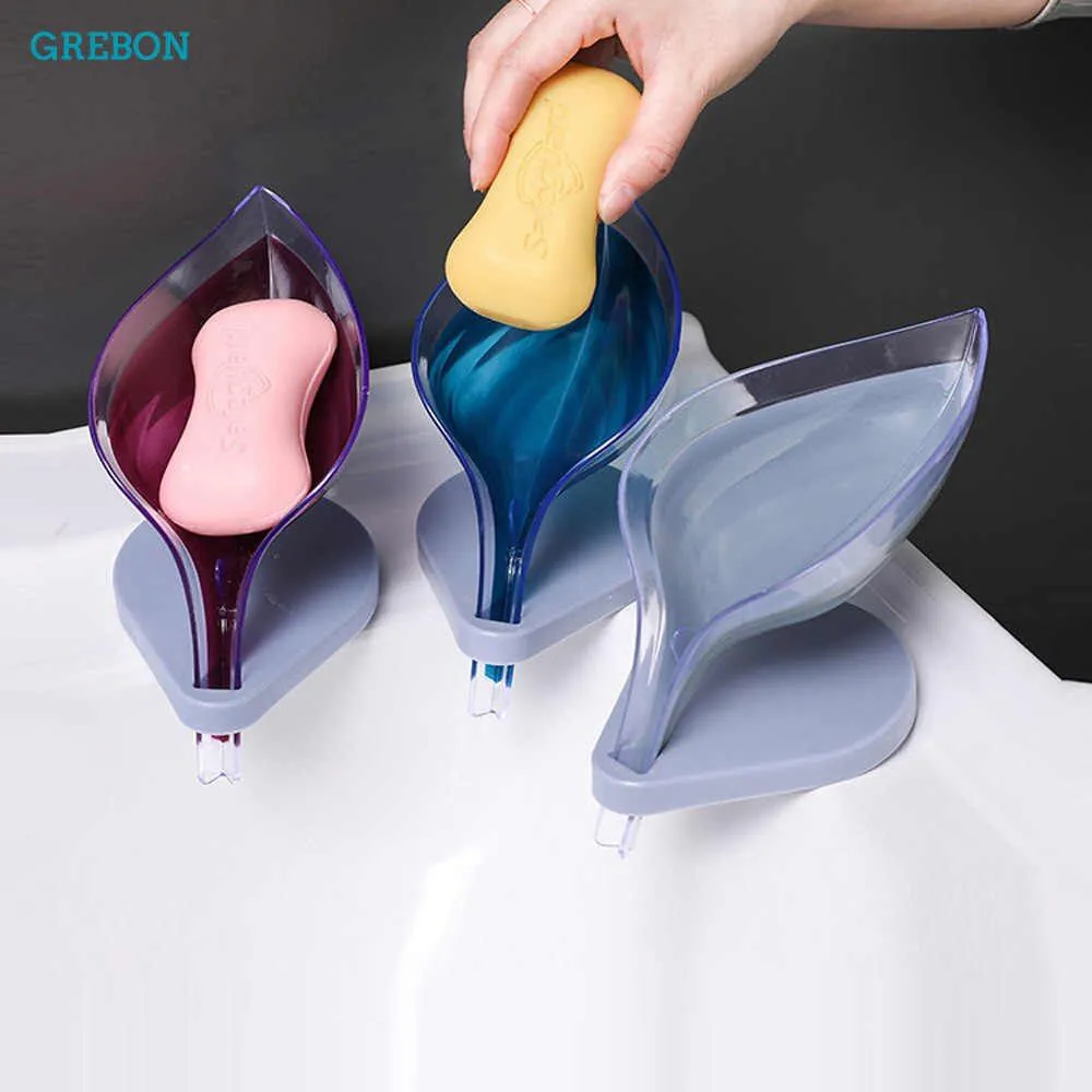 Leaf-shaped Soap Dish Creative Soap Box with Suction Base Plastic Soap Holder Soap Dish Draining Soap Box Case for Bathroom Kitchen Easy Cleaning Shop