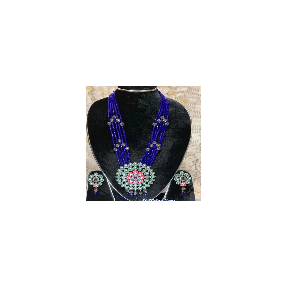 Indian Layer Necklace with Matching Earrings Blue Colour 