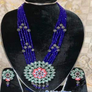 Indian Layer Necklace with Matching Earrings Blue Colour 