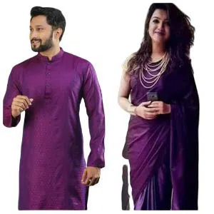 silk saree panjabi combo purple no blouse piece with saree