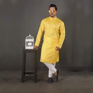 semi long cotton Punjabi for men - yellow solid