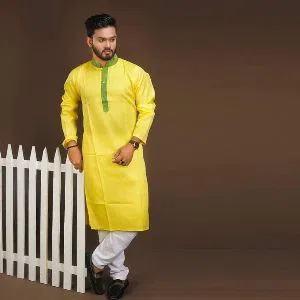 semi long cotton Punjabi for men - yellow