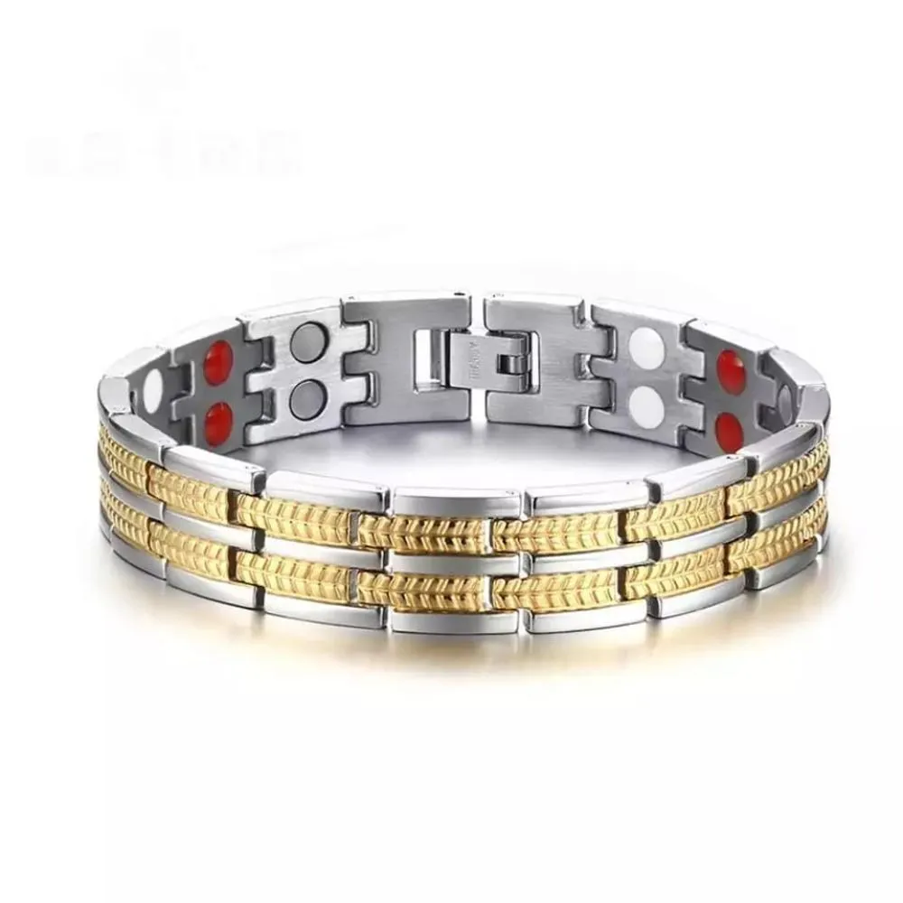 Mens Stainless Steel Golden Bracelet Four Elements Balance Energy Care Magnetic