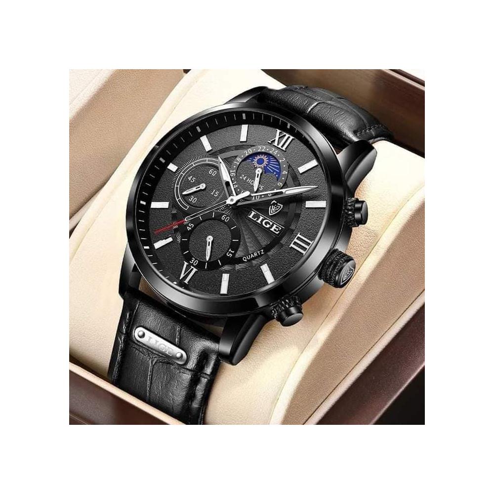 LIGE Mens Quartz Chronograph Moon phase Dress Watch Water Resistant