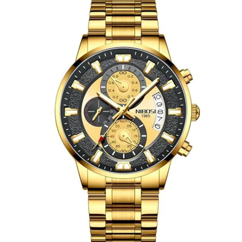 Nibosi 2382 Mens Watches Gold Clock Sports Chronograph Waterproof Quartz Watch Men Relogio Masculino