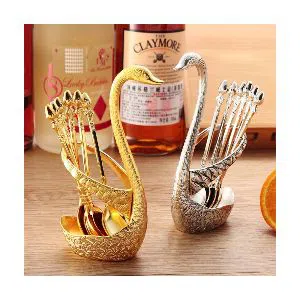 Spoon Set with Swan Stand - 1 set (Golden color)