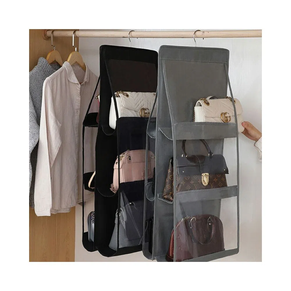 6 Pockets Clear Hanging Purse Handbag Tote Bag Storage Organizer Closet Rack