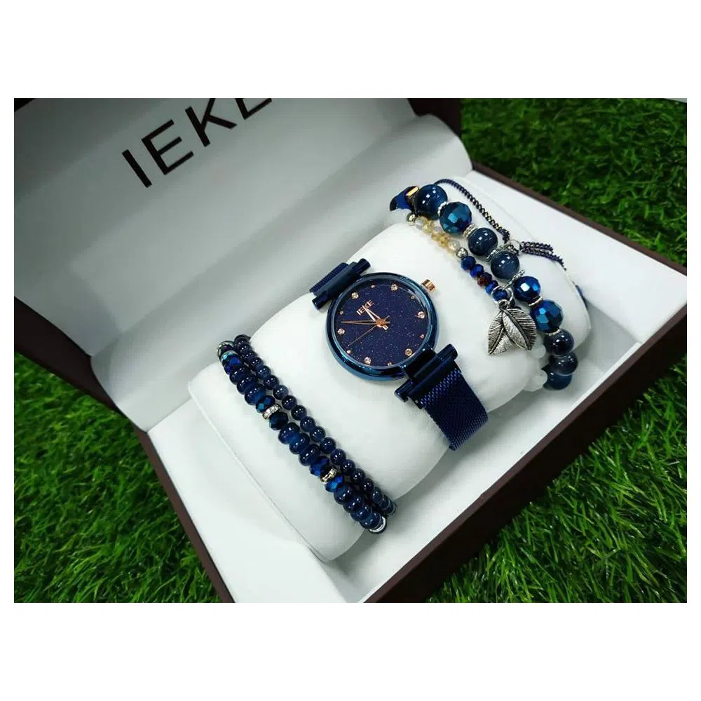 IEKE 88041 Golden Mesh Stainless Steel Analog Watch For Women - Golden Black And Blue