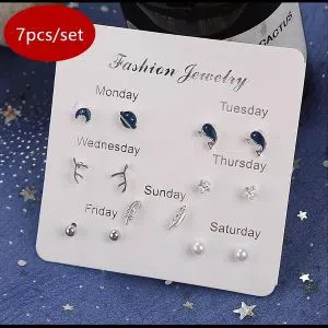 7 Pairs/set, 2021 New Statement Earrings for Women Fashion Moon Universe Silver Color Stars Stud Earring Crystal Earrings